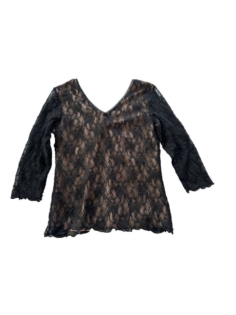 VTG Women's Small Black Tan Lace V-neck Blouse Whimsigoth Vamp Goth